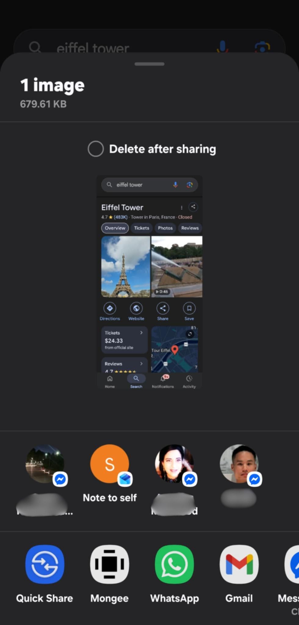 Android share sheet with Mongee visible as a direct share target