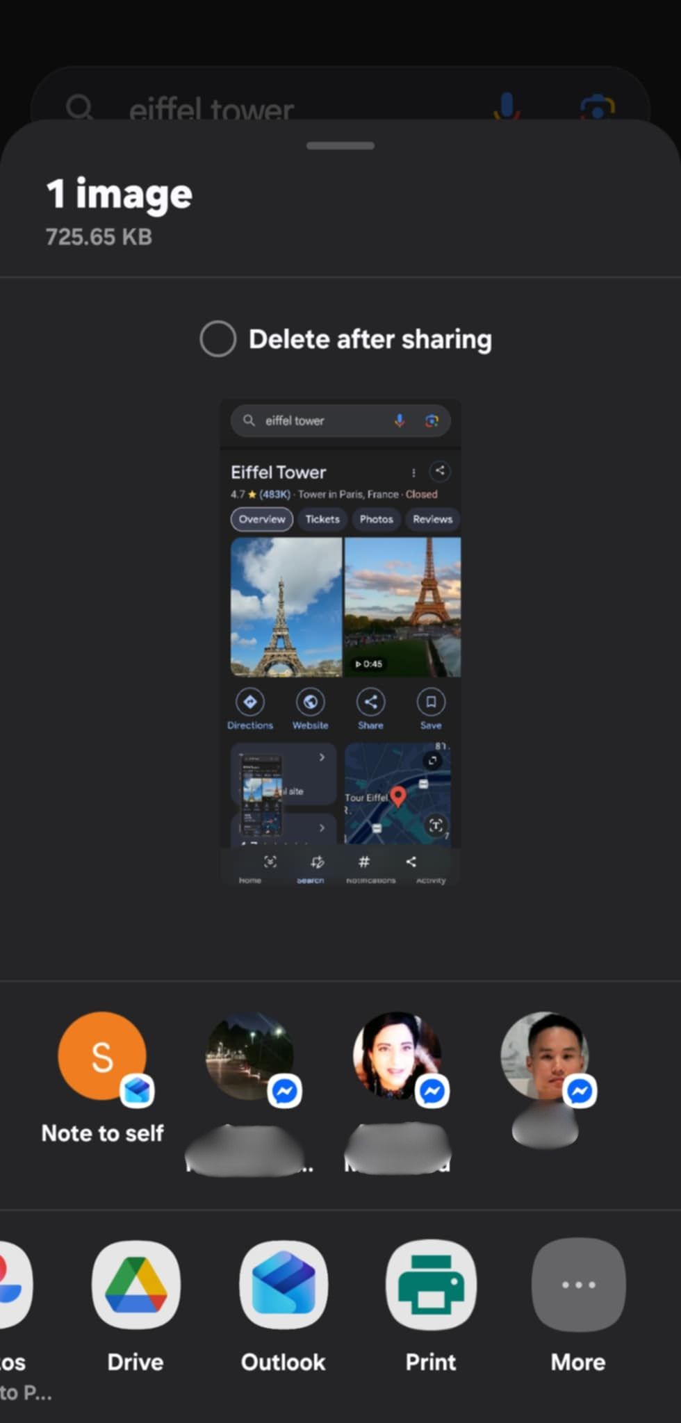 Android share sheet after scrolling across the app row toward the More option