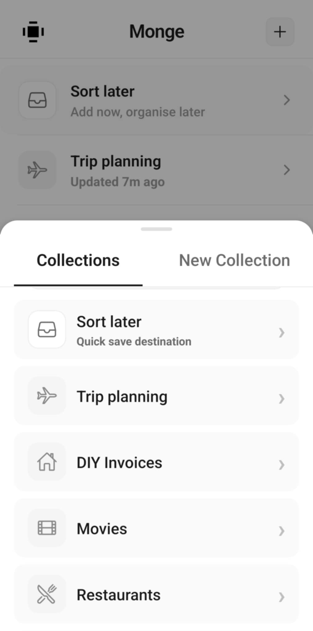 Mongee share destination screen on Android showing collection choices