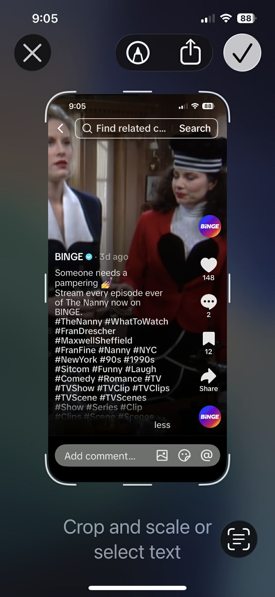 iPhone screenshot preview showing a movie or show title still visible before sharing