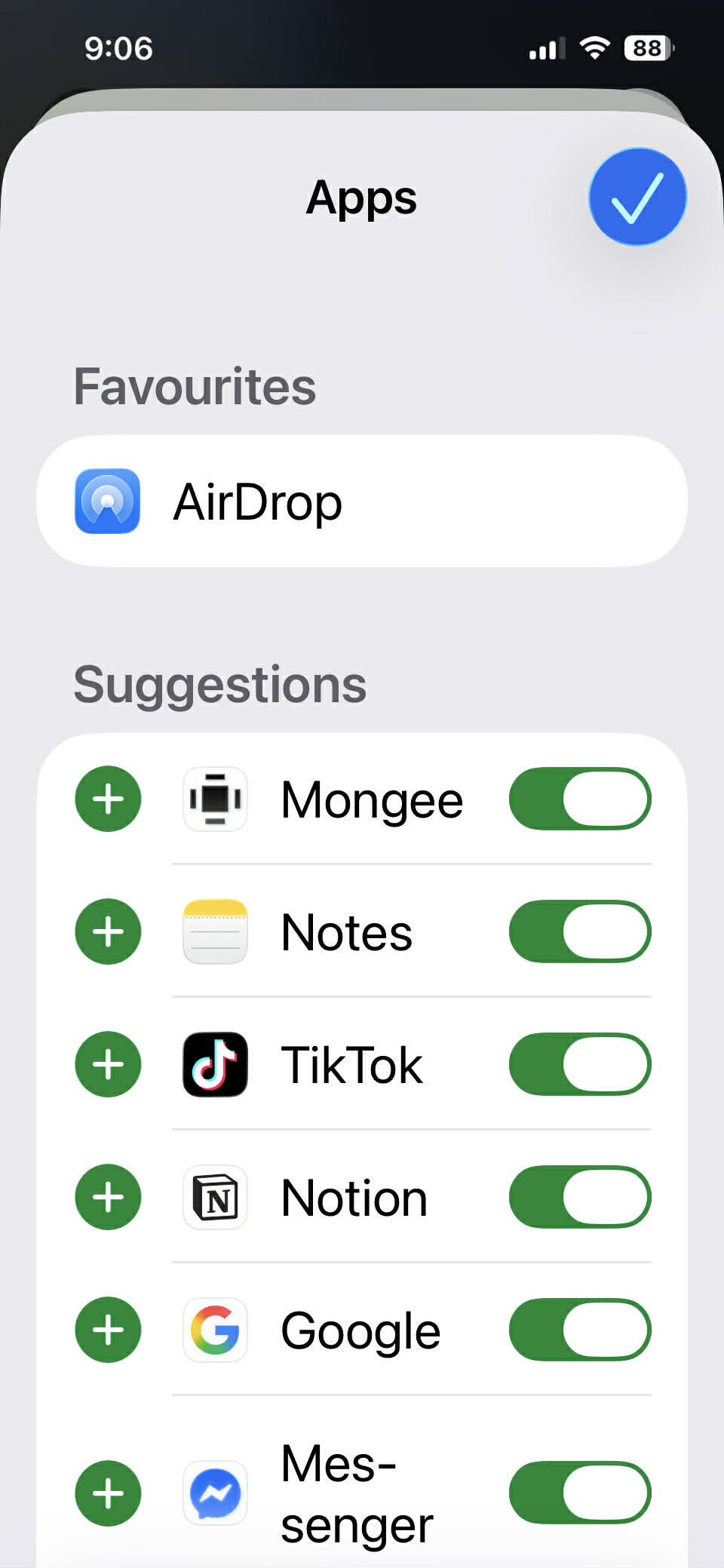 iPhone share sheet edit screen showing Mongee being added to Favorites