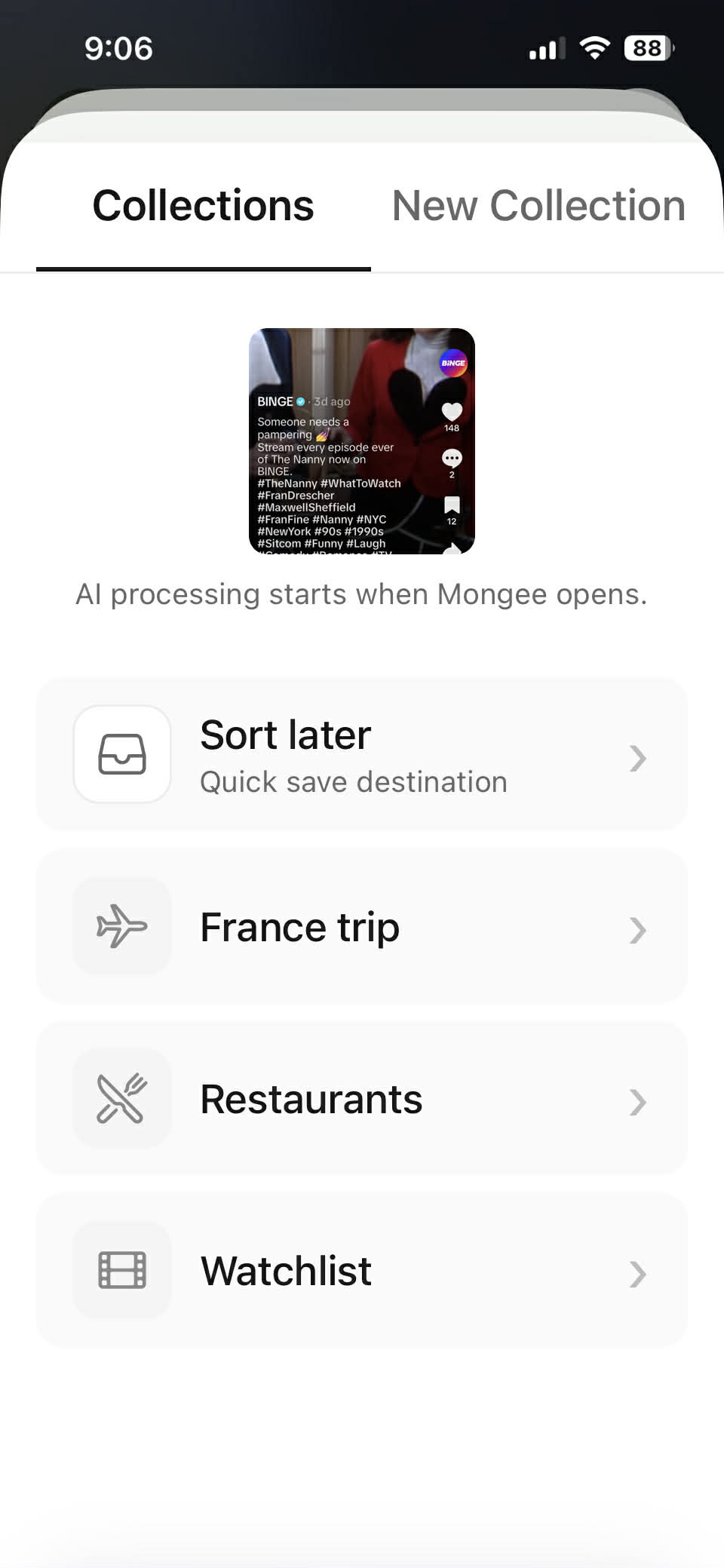 Mongee share destination screen on iPhone showing collection choices for the screenshot