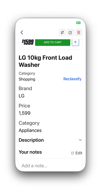 Shopping item detail screen for an LG fridge without a visible Store field