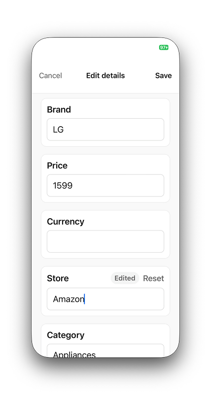 Edit details screen showing the Store field filled with Amazon
