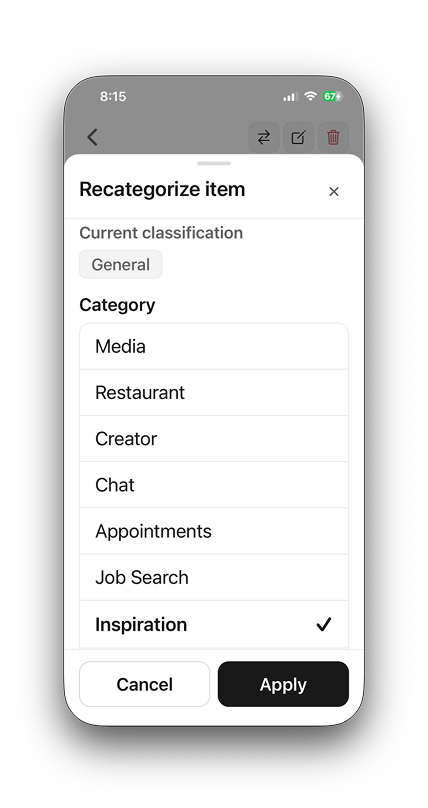 Recategorize modal showing a list of category options with Inspiration selected