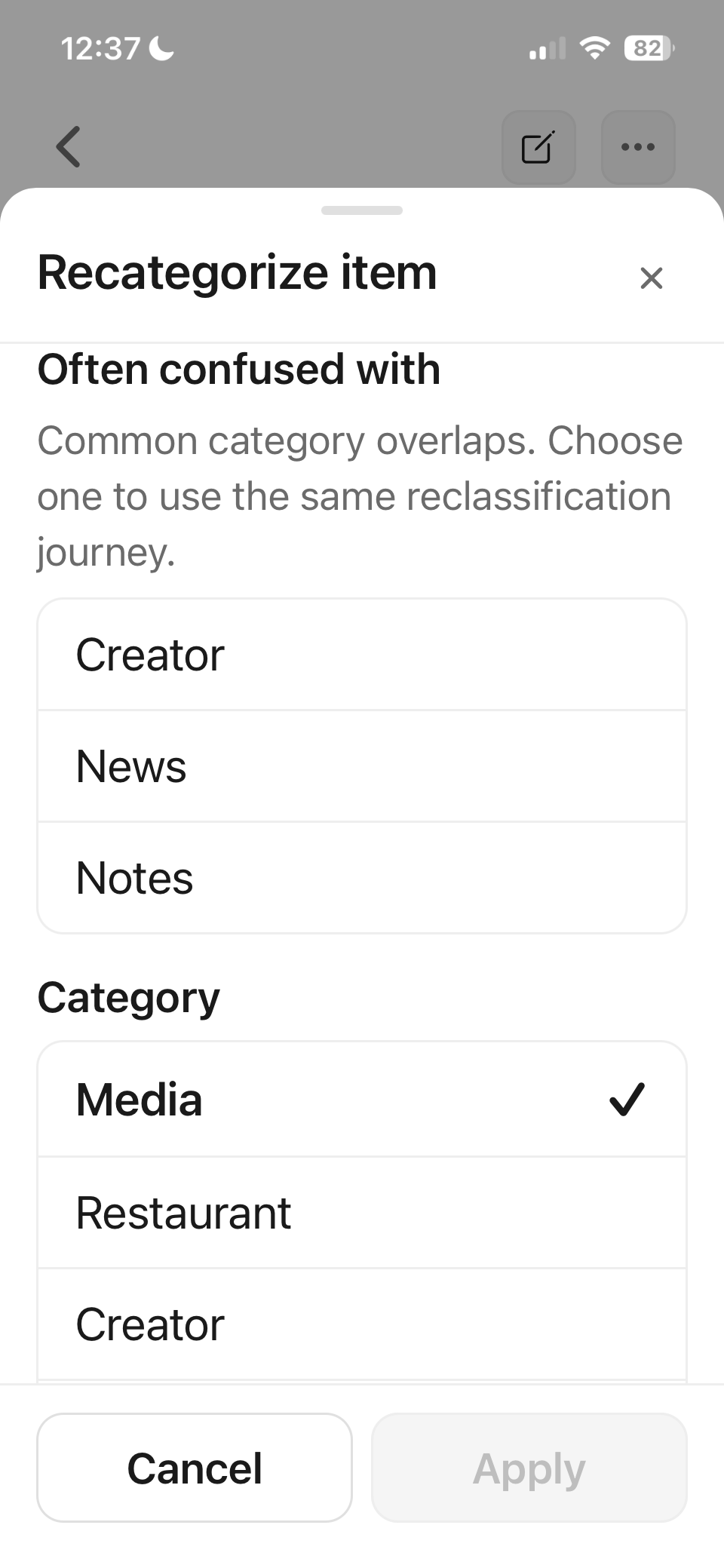 The Recategorize item sheet showing a list of category choices