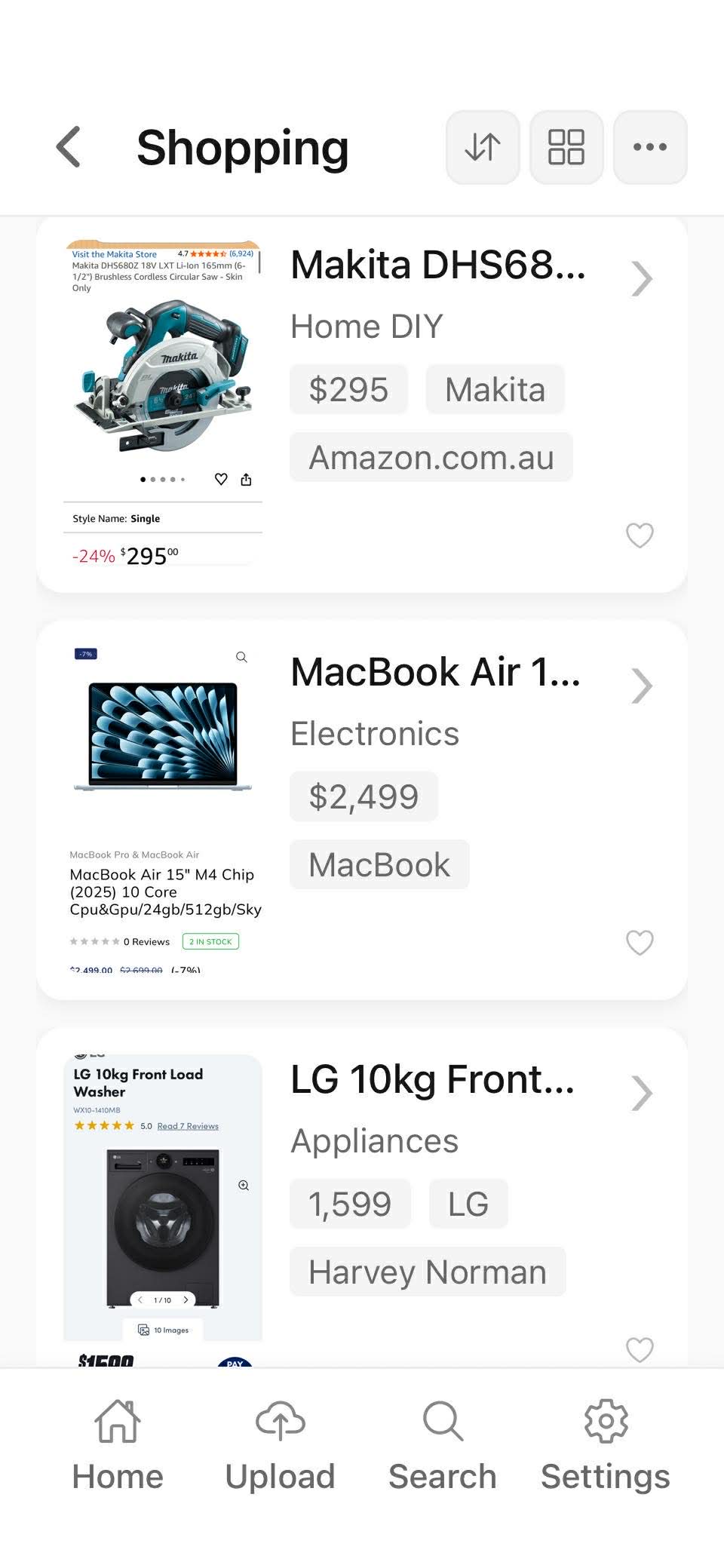 Mongee shopping list with brand, price and store for each product