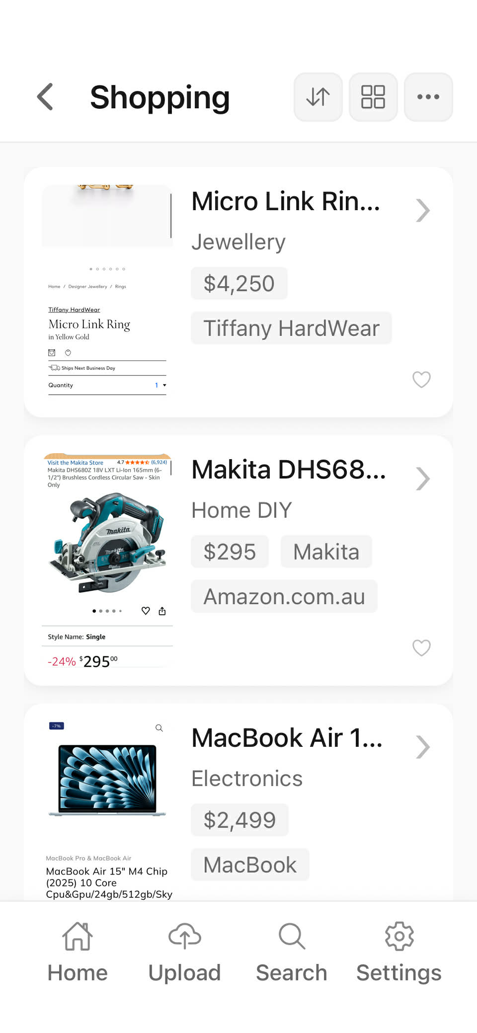 Shopping collection list with the sort control highlighted