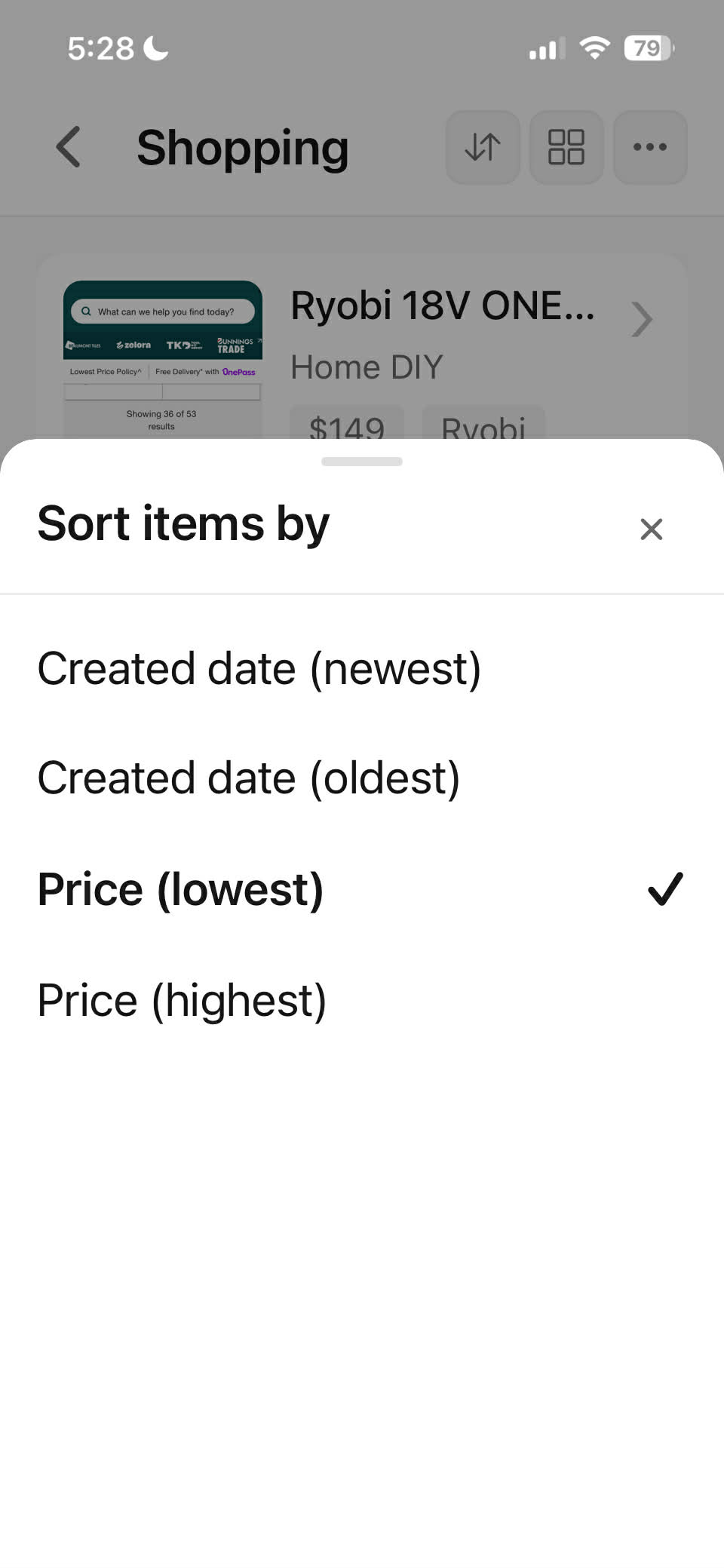 Sort modal showing Shopping sort options including price