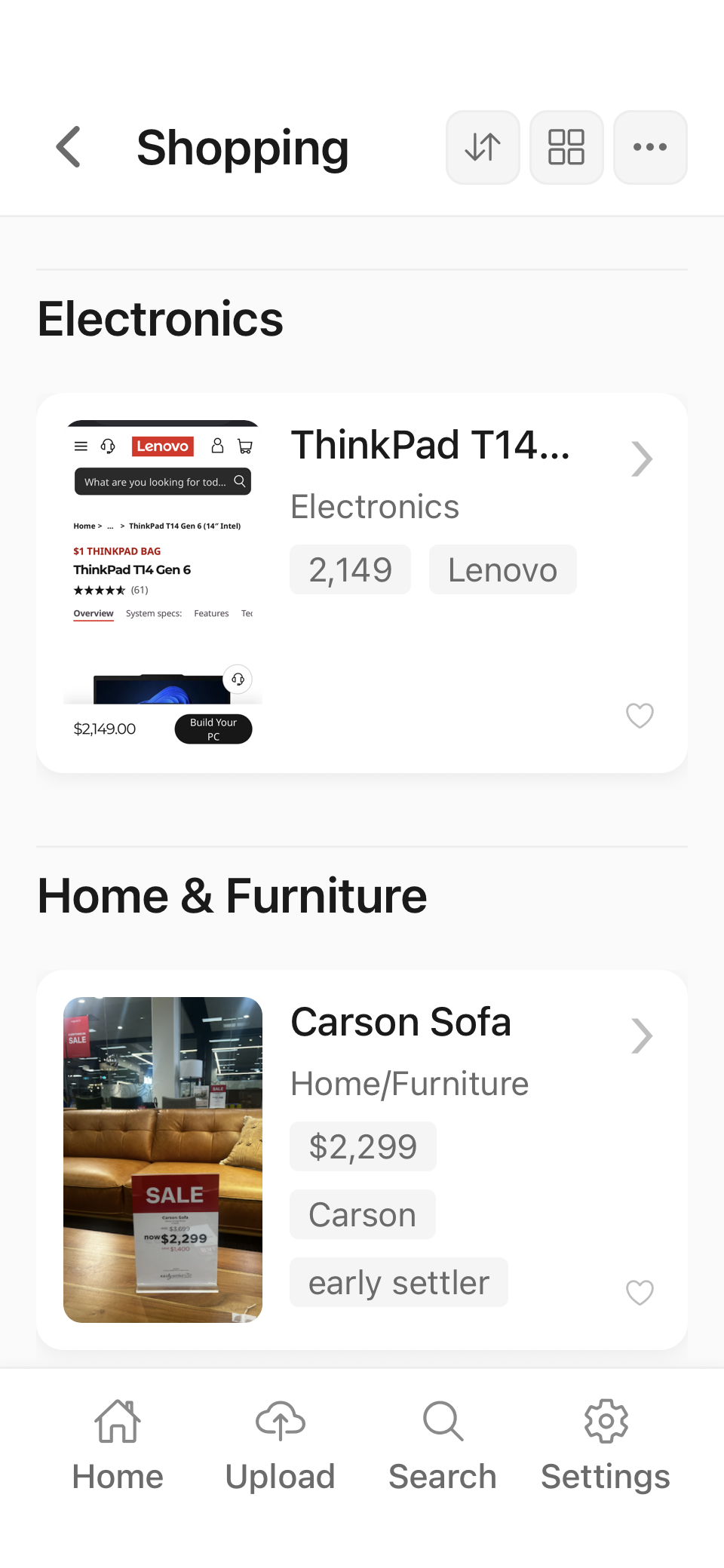 The same Shopping collection grouped into Electronics and Home and Furniture