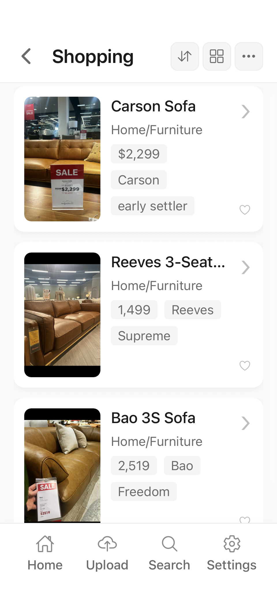The same Shopping collection sorted by product price