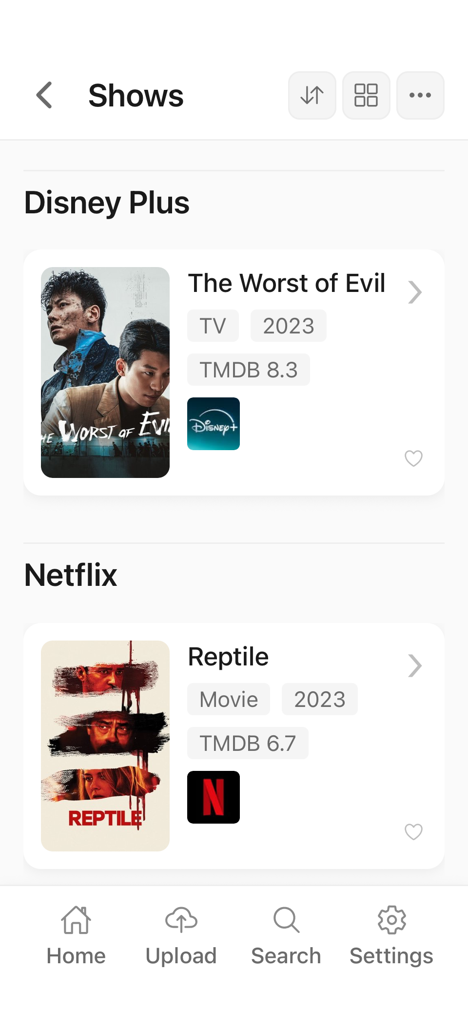The same Shows collection grouped into Disney Plus and Netflix