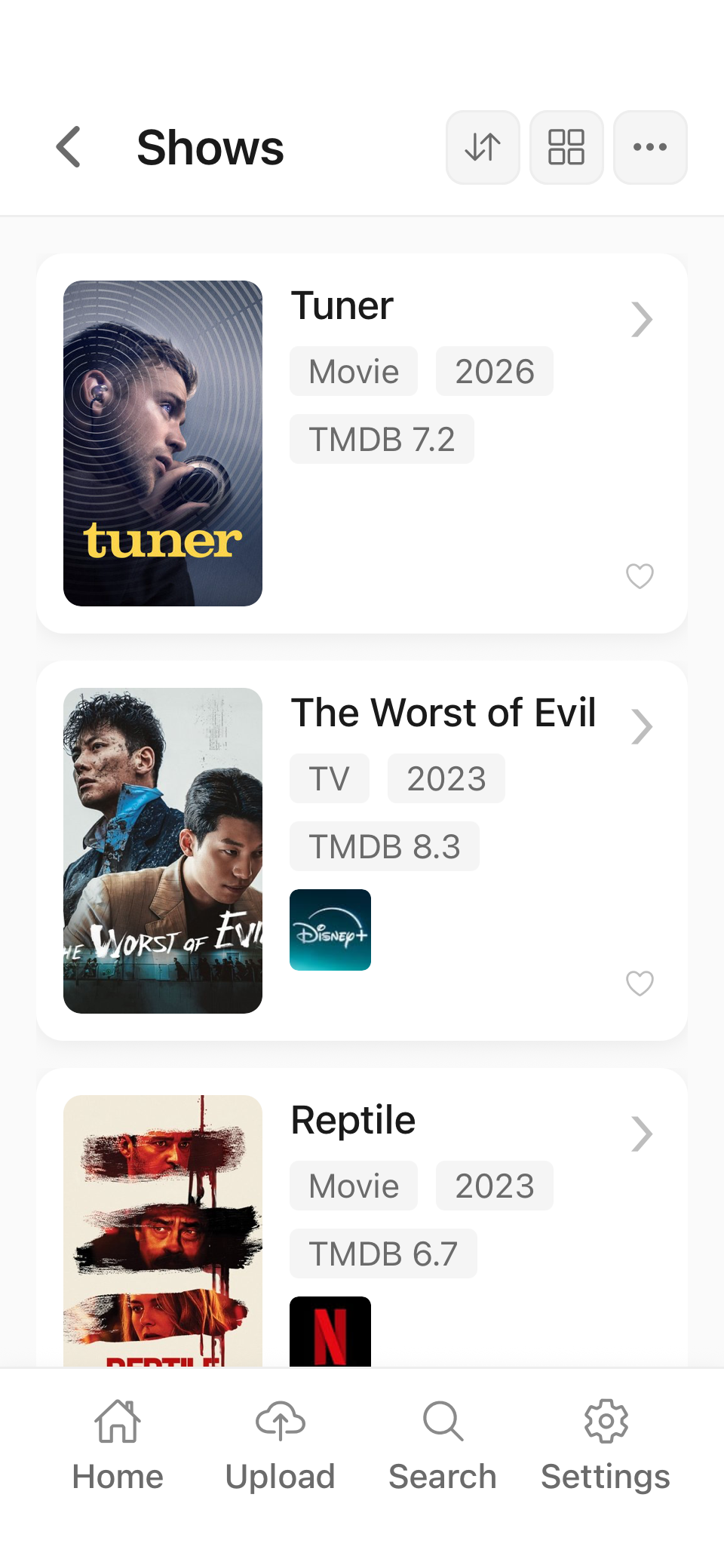 An ungrouped Shows collection containing films and television series from different streaming services