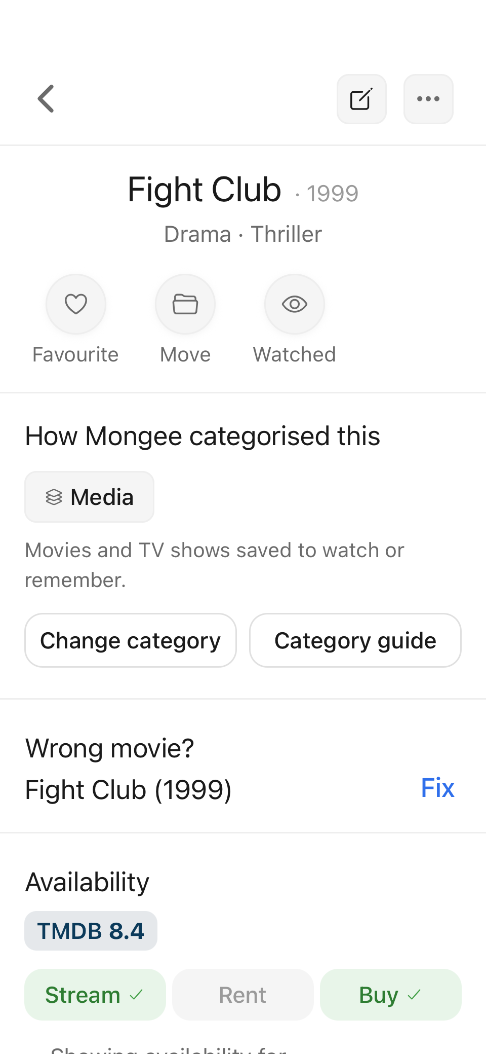 Fight Club Item Detail with its year, genres, category and rating