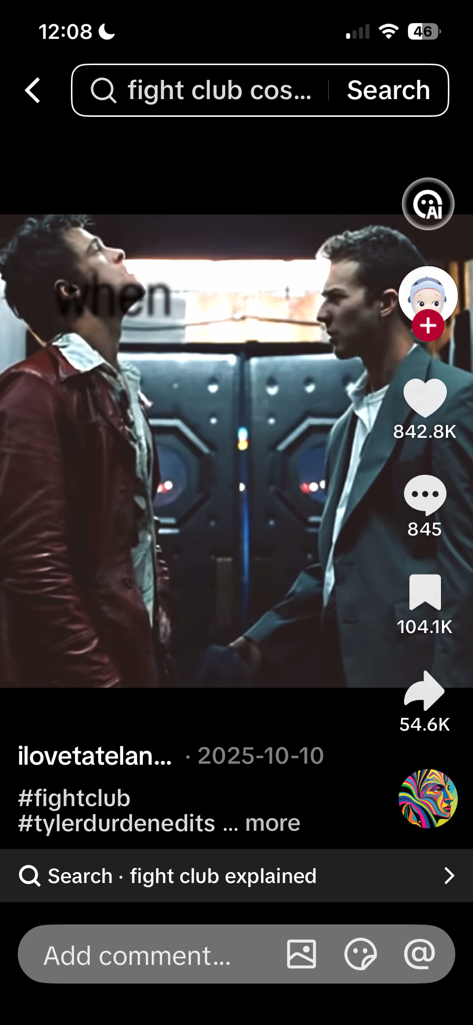TikTok screenshot containing a scene from Fight Club