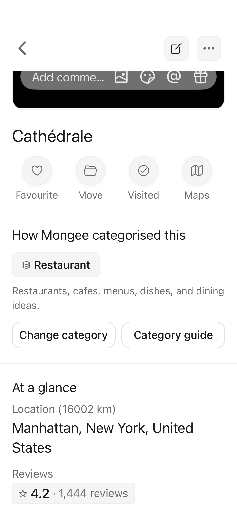 Cathédrale Item Detail showing its Restaurant category, Manhattan location and review